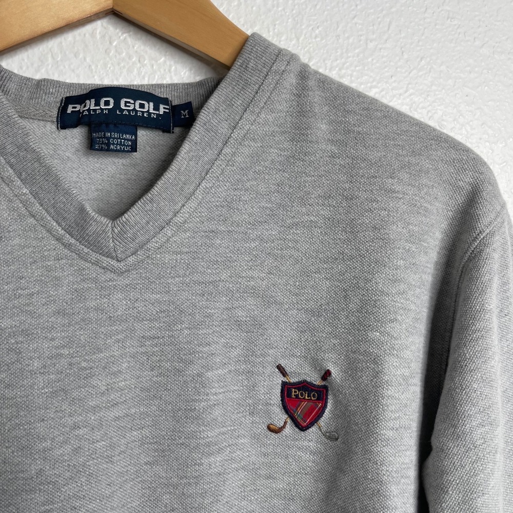 Polo Golf Ralph Lauren Gray V-Neck Sweatshirt Embroidered Crest Pullover Mens M - Picture 2 of 4